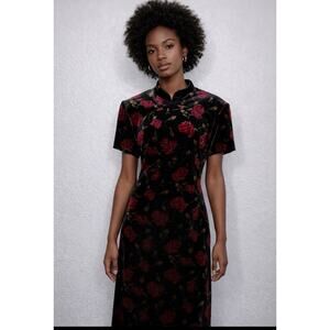 Sheri Martin Vintage Floral Maxi Dress Black Red Rose Short Sleeve Size 18